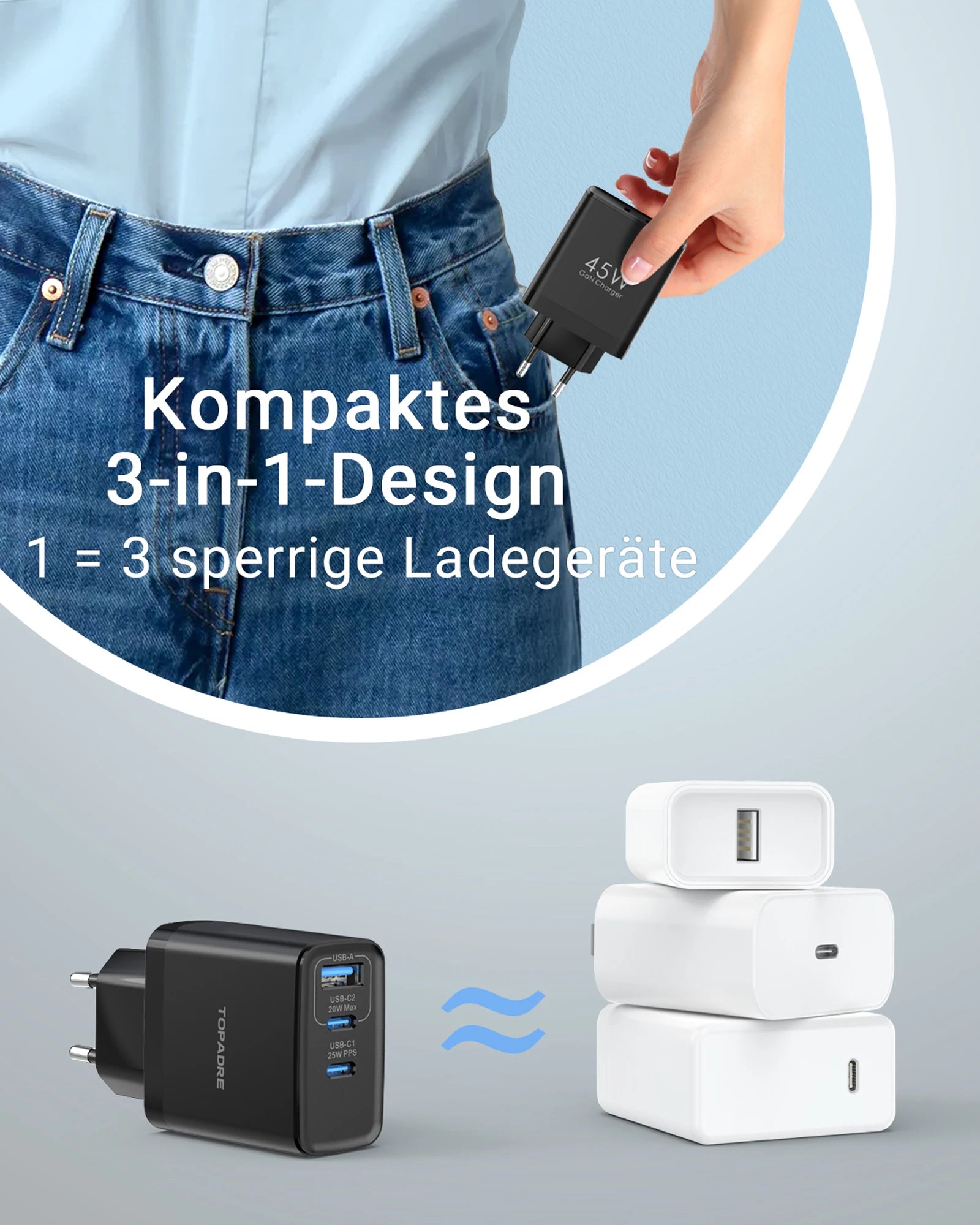 2-Packs 3in1 45W USB Charger Fast Charge QC 3.0 Wall Charging For iPhone Samsung Xiaomi Mobile EU US AU  Plug Adapter Travel