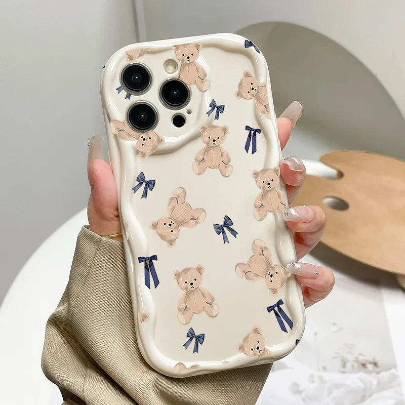 Cute Sweet Bow Bear Case For Samsung Galaxy S25 Ultra S22 S21 S20 Plus S21FE S20FE S25FE A31 Cartoon Silicone Wave Side Cover