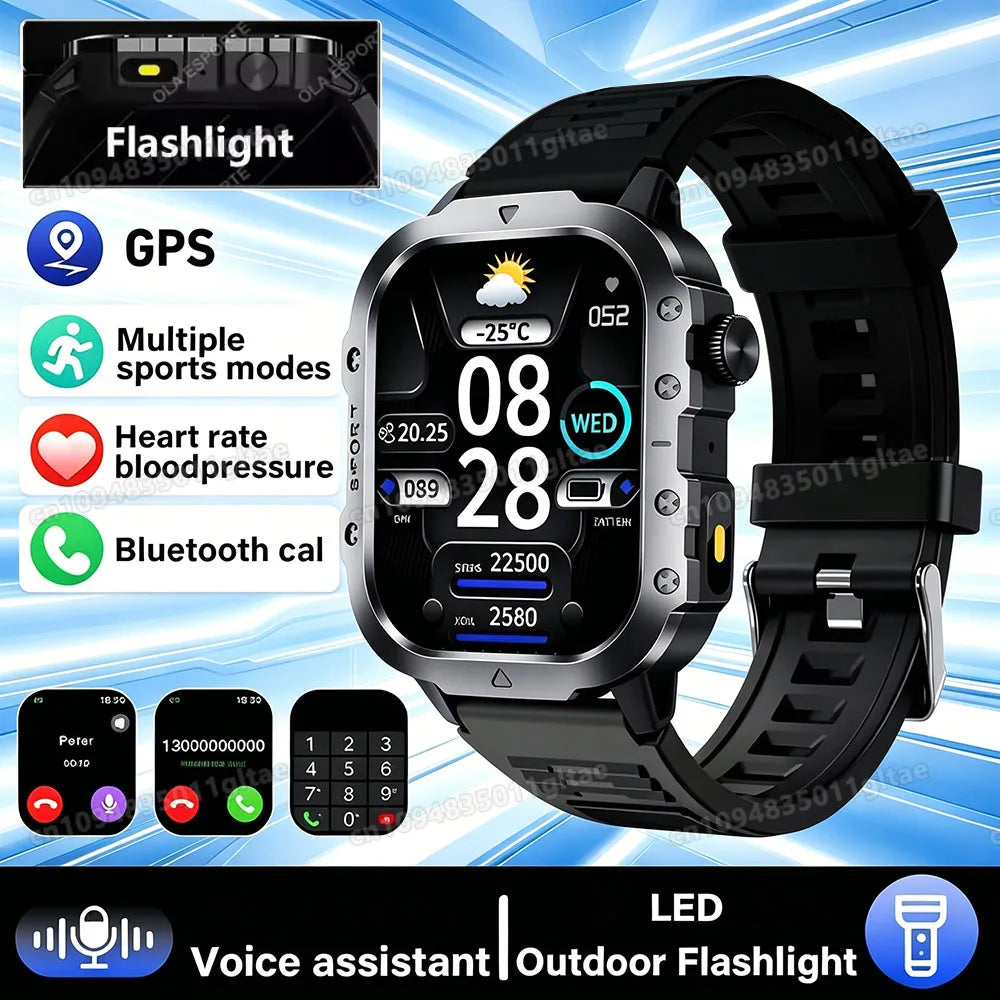 2026 New Military-grade Smart Watch Men GPS Flashlight 3ATM Waterproof Watch Bluetooth Call 100+Sport Outdoor Smartwatch Pk Hw12