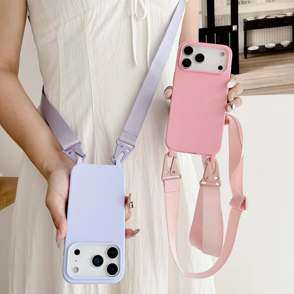 Crossbody Necklace Strap Lanyard Matte Silicone Case For iPhone 17 16 15 14 Pro Max 11 12 13 XR X XS 8 Plus SE Shockproof Cover