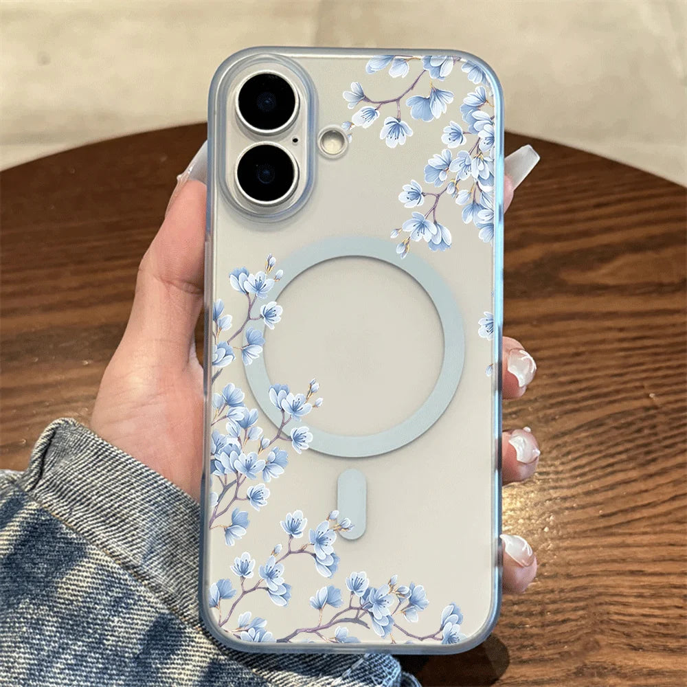 Light Blue Blossom Branch Print Wireless Charging Phone Case For Magesafe iPhone 17 16 15 14 13 12 Pro Max 17 Air Magnetic Cover