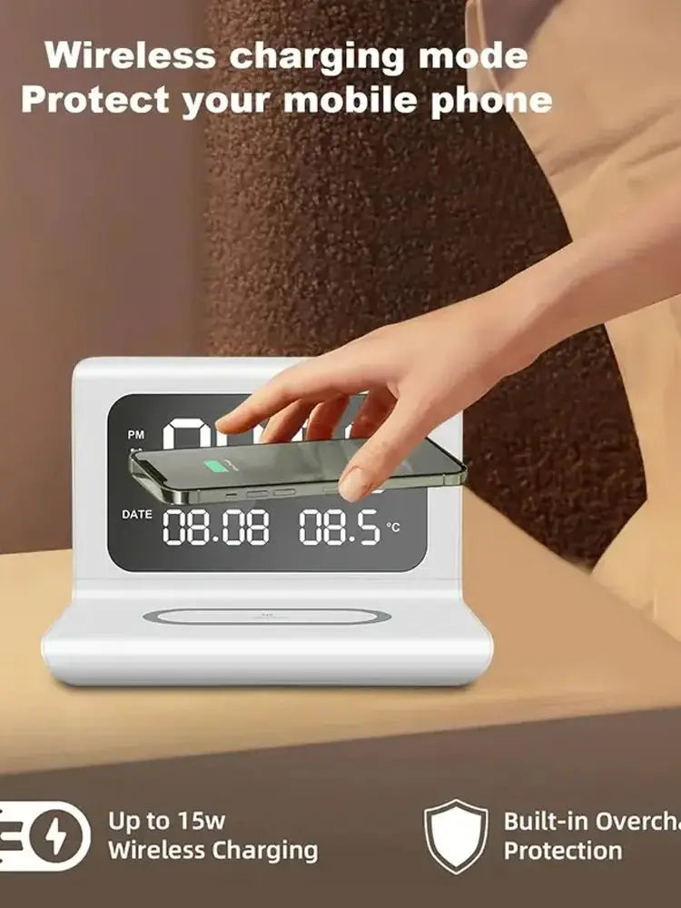 30W  Wireless Charger Stand with Alarm Clock & Thermometer | Compatible with iPhone 17-11/X, SamsungS25  , Xiaomi & All Qi Phone