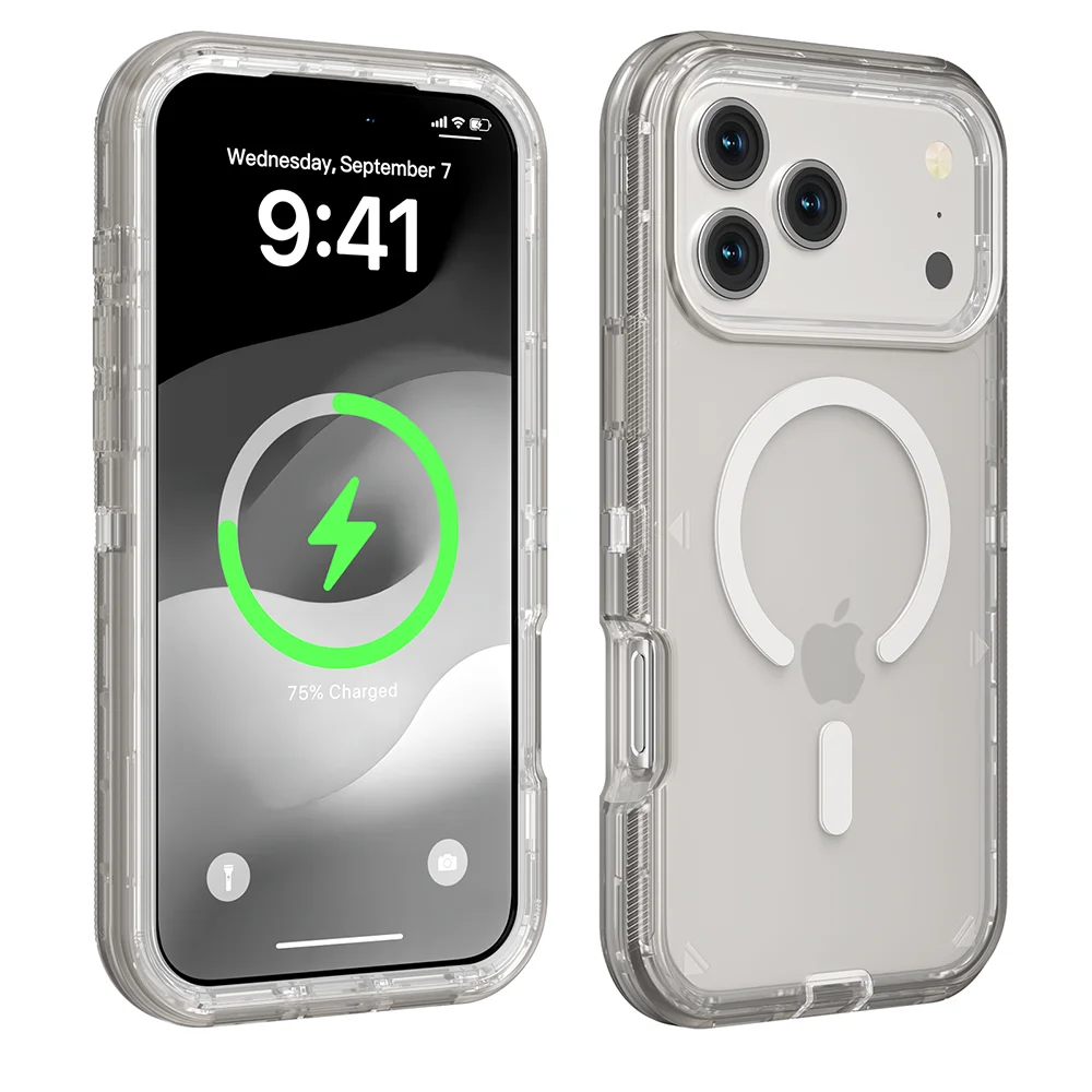 Rugged OTT Armor Magnetic Wireless Charging Clear Case for IPhone 17 Air 16 15 14 Plus 13 12 Pro Max Enhanced Shockproof Cover