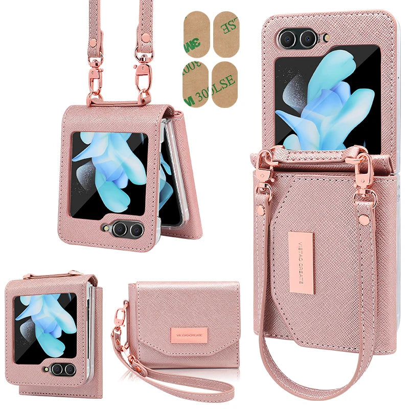 Girls Hand Strap Wallet Leather Phone Case Fit For Samsung Galaxy Z Flip 8 Flip7 6 5 4 3 5g Flip5 Flip4 Flip3 Holder Phone Cover