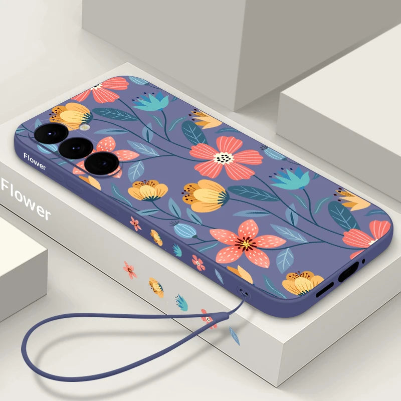 Colorful Flower Case For Samsung Galaxy S24 S23 S22 Ultra S21 FE S26 A56 A15 A35 A55 A52 A53 A54 5G S25 Silicone Lanyard Case