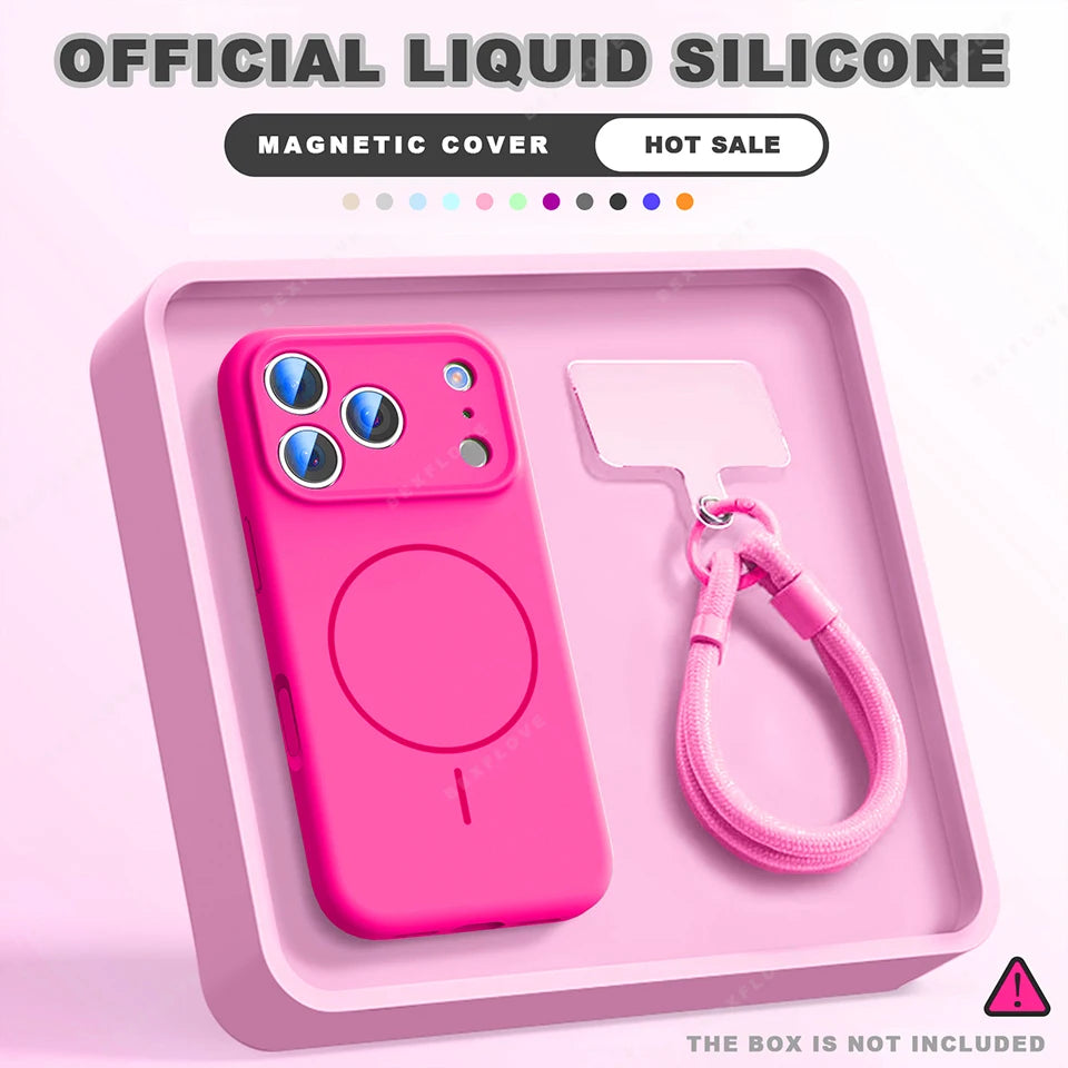 Magnetic Wrist Strap Liquid Silicone Phone Case For iPhone 11 12 13 16 17 Pro Max Air 15 14 16 Plus 16E Magsafe Lanyard Cover