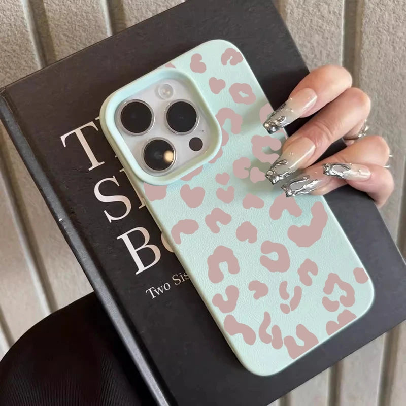 For IPhone 17 16 15 14 13 12 11 Pro Max Case Pink Leopard Print Lichee Pattern Silicone Cover for IPhone XS X XR 16 Plus Fundas