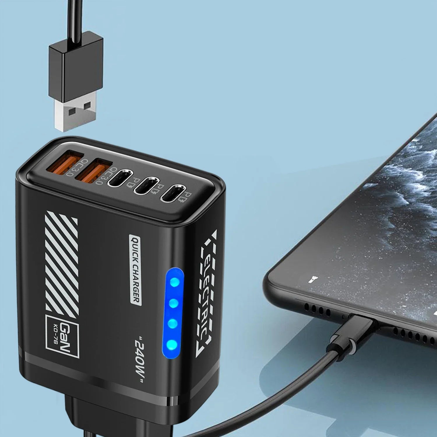240W QC3.0 PD 5 Ports GaN Fast Charger US/EU Plug Phone Charging Head Adapter with LED Light for iPhone Samsung Huawei Xiaomi