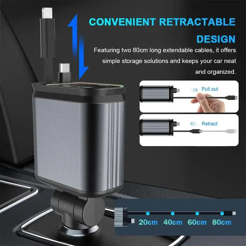4 in 1 Car Charger with Starry Sky SpotlightRetractable Car Charger with Charging Cable & 2Charging Ports, Universal Car Charger