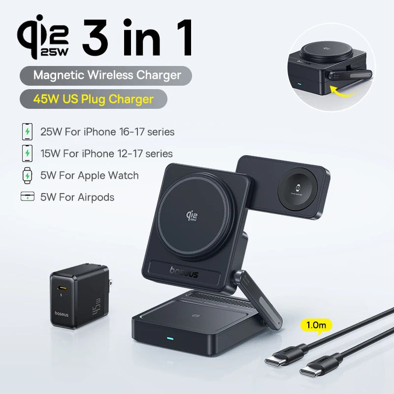 Baseus 3 in 1 Magnetic Wireless Charger Qi2.2 25W Fast Charging For iPhone 17 16 15 14 Apple Watch Earbuds AirPods Pro iWatch