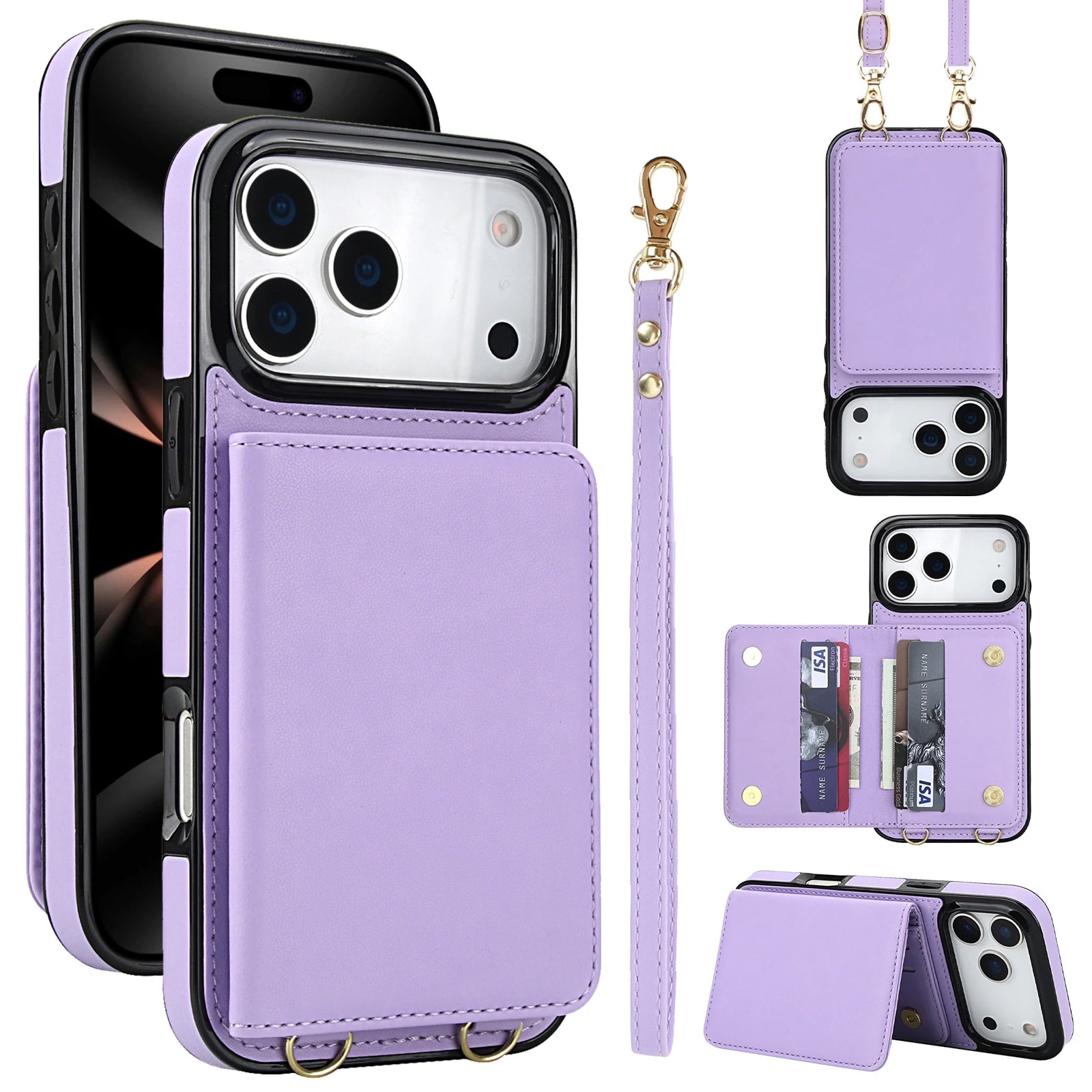 Crossbody Card Holder Wallet Leather Case For iPhone 17 Pro Max 16 Plus 15 Plus 14 13 12 11 Strap Pocket kickstand RFID Cover