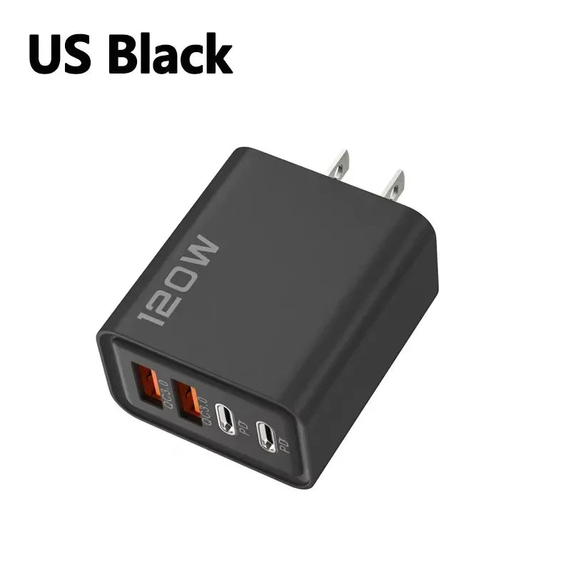 120W 4-Ports USB Type-C Charger Fast Charging Data Cable USB Phone Charger Adapter For Xiaomi IPhone17 16 15 Huawei Wall Charger