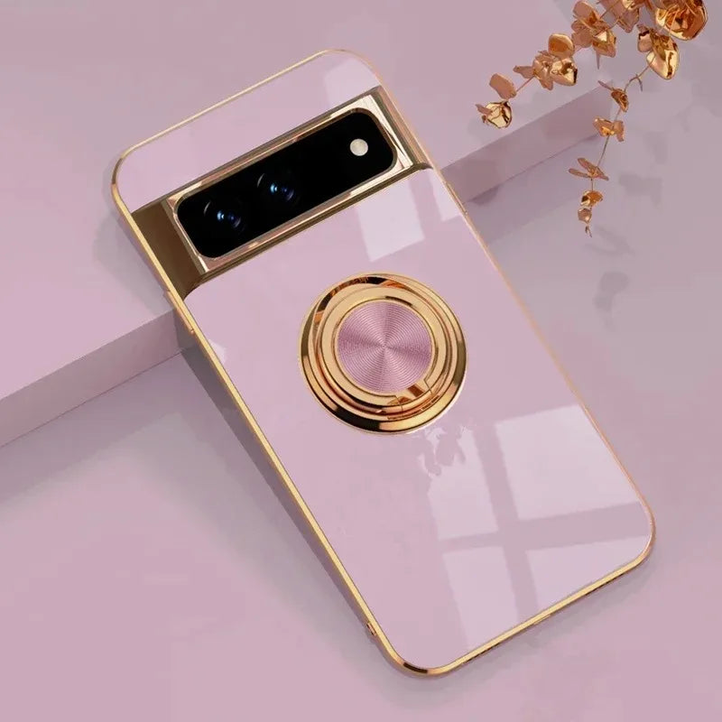 Stylish Plating Soft Silicon Shockproof Case for Google Pixel 10 9 8 7 Pro XL 9A 8A 7A Car Magnetic Ring Bracket Protect Cover