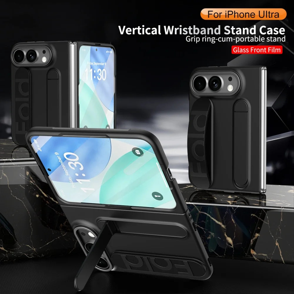For iPhone Duo Cases Luxury Wristband Folding Bracket Case for iPhone Duo 2026 Fold Wrist Strap Built-in Screen Protector Cover
