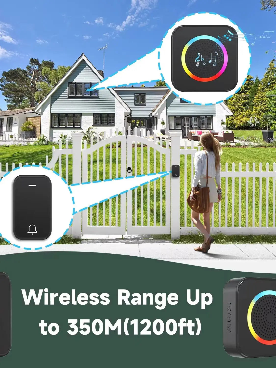 LUNZO Self Powered Wireless Doorbell 2026 350M Long Range Colorful Light No Battery IP44 Waterproof Smart Door Bell Chime