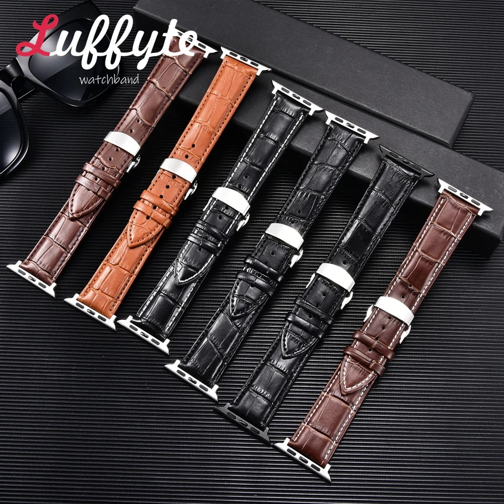 Bamboo Patterned Genuine Leather Strap for Apple Watch Ultra 8 7 SE 6 5 4 3 2 1 Business Watchband 38 40 41mm 42 44 45 49mm