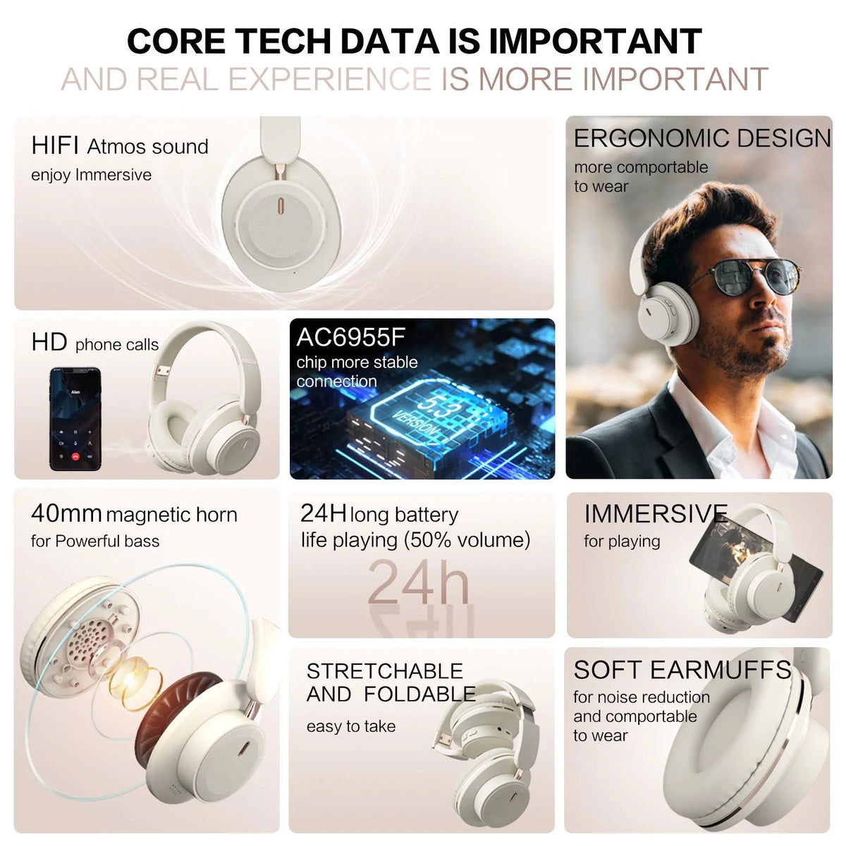 Bluetooth Headphones Wireless Headset Over Ear Foldable Portable Fashion Aesthetic Design With 24H Long Battery Life Premium Hi-Fi Stereo Sound All Day Comfortable Fit For Photography Props Travel Sports Gym Workout Gaming Sc