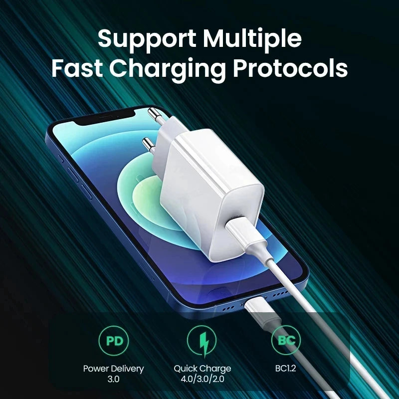 20W USB C PD Charger Quick Charge 3.0 USB Type C Phone Chargers Cable Fast Charging Adapter For iPhone 16 15 14 13 12 11 Pro Max