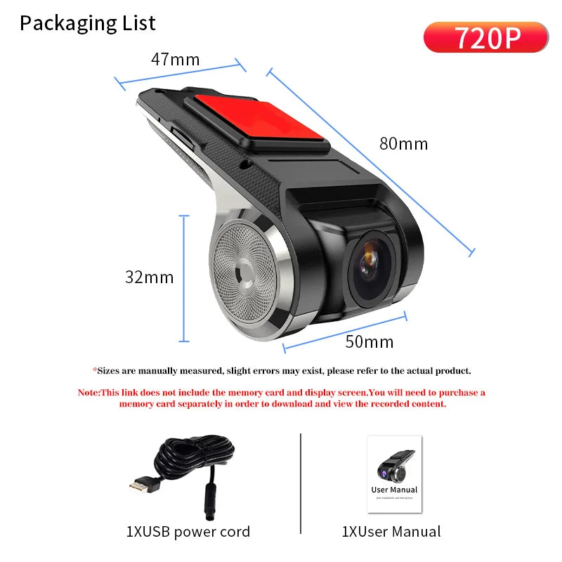 720P USB Dash Cam with ADAS & 170° Wide Angle – HDR/WDR Night Vision for Android Car Player