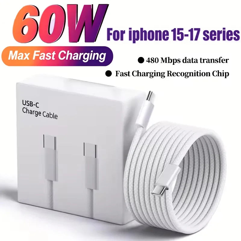 PD 60W USB C to Type C Fast Charging Cable for Apple iPhone 17 16 15 Pro Max Quick Wire Charging Data Cable Nylon Braided 3m 5m