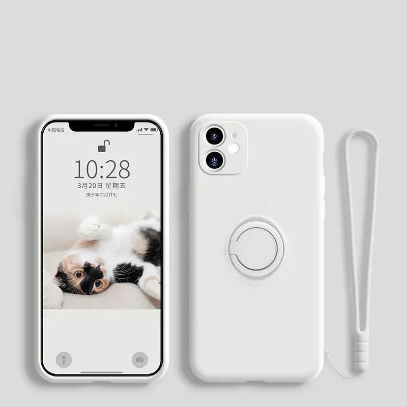 Liquid Silicone Ring Phone Holder Case For Samsung Galaxy S25 Ultra S24 S23 S22 S21 FE Note 20 Plus Edge Cover With Wrist Strap