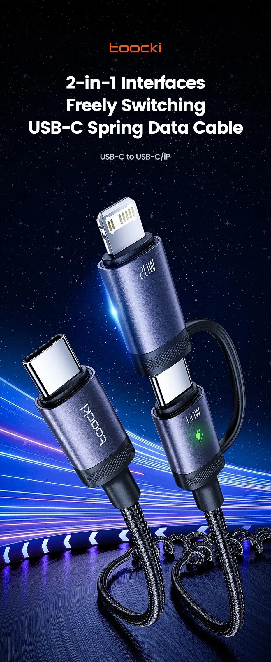 Toocki 2 in 1 PD 60W Type C Cable For iPhone 15 Pro Samsung S23 Xiaomi 2.4A Fast Charging USB Car Spring Cable For iPhone 14 13