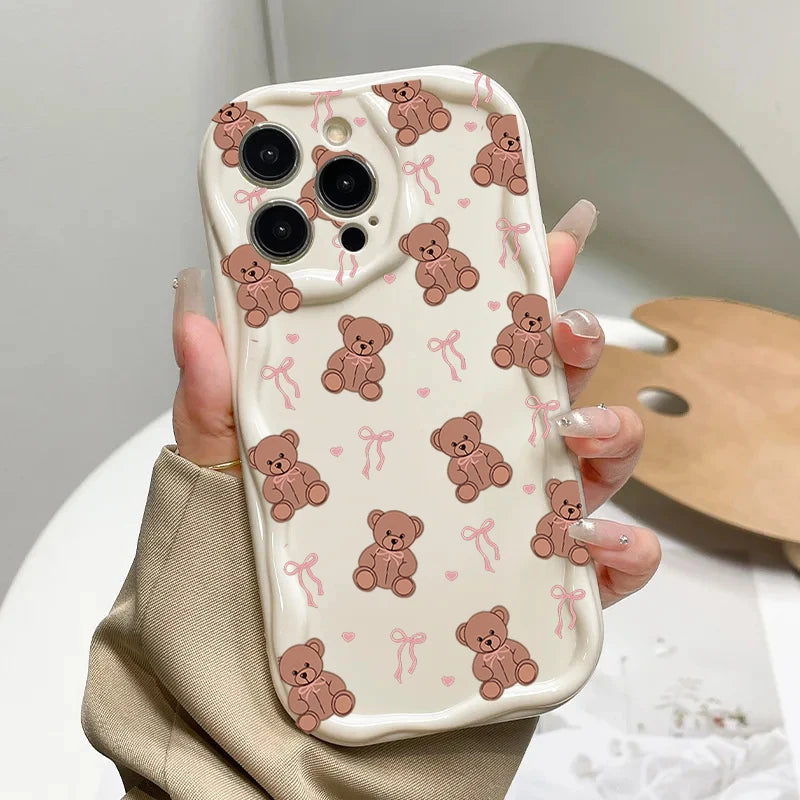 Cute Sweet Bow Bear Case For Samsung Galaxy S25 Ultra S22 S21 S20 Plus S21FE S20FE S25FE A31 Cartoon Silicone Wave Side Cover