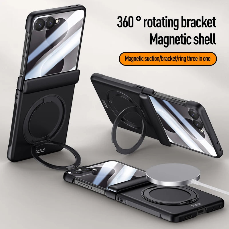 Magnetic Wireless Charging Matte Case For Samsung Galaxy Z Flip 8 7 With Rotating Bracket Hinge Tempered Film Shockproof Cover