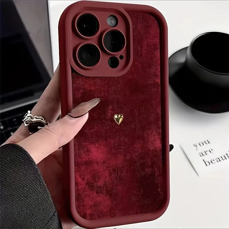 Burgundy Suede With Golden Heart Pattern TPU Case For Samsung Galaxy S25 S24 S23 S22 S21 S20 FE Plus Ultra A15 A35 A54 A55 Cover