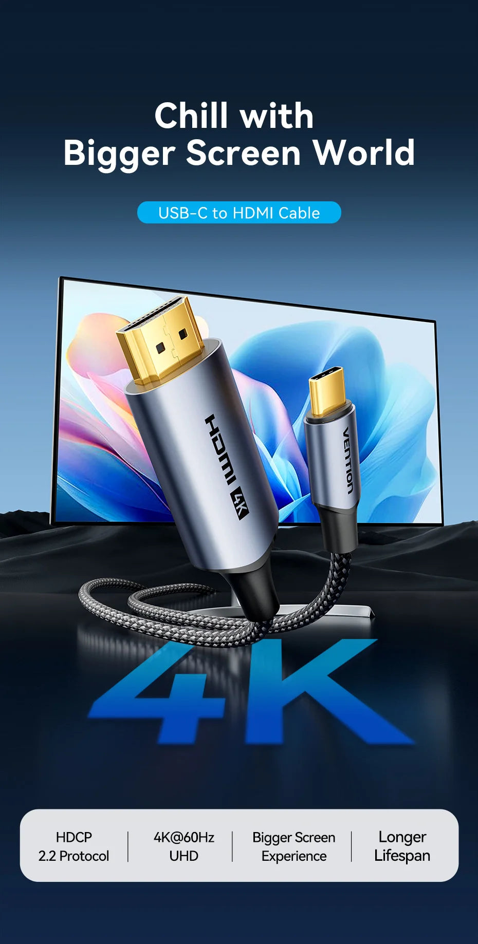 Vention Type C to HDMI-compatible Cable 8K/60Hz 4K/120Hz for MacBook Pro iMac iPad Pro for Samsung Xiaomi USB C to HDMI 2.1