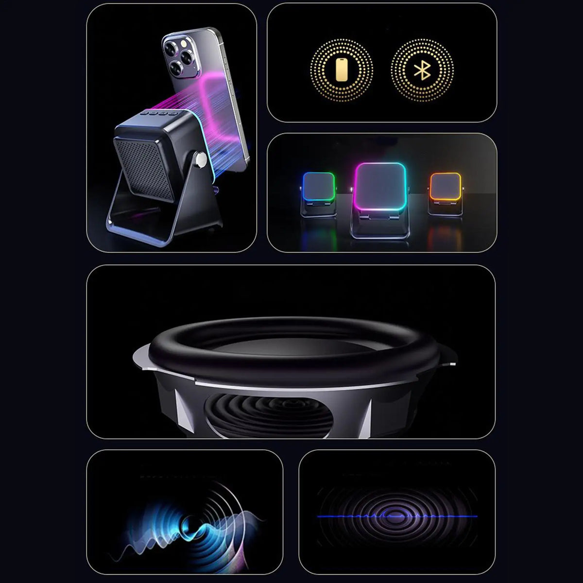 5 In 1 Wireless Induction Speaker Phone Holder with 8 RGB Modes HIFI Sound Bluetooth Desktop Stand