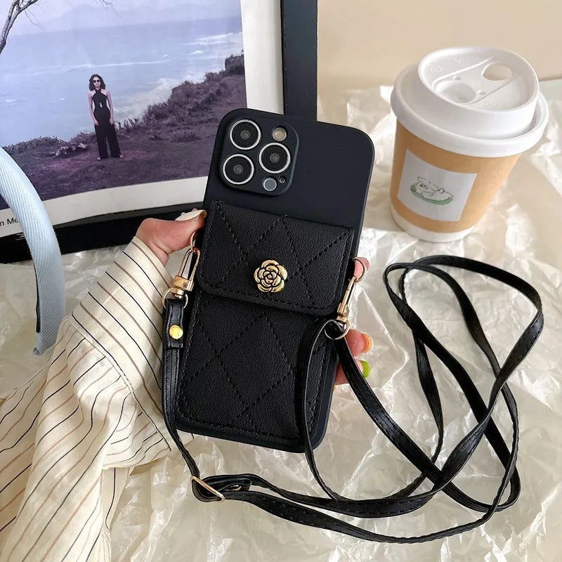 Crossbody Neckband Lanyard Phone Case for iPhone 15 14 11 12 13 Pro Max X XS XR 7 8 Plus Flower Leather Wallet Card Holder Cover