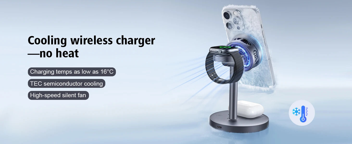25W Wireless Charging Station with Cooling Fan QI2.2 Wireless Charger Stand for iPhone 17/16/15/14/13/12, Apple Watch, AirPods
