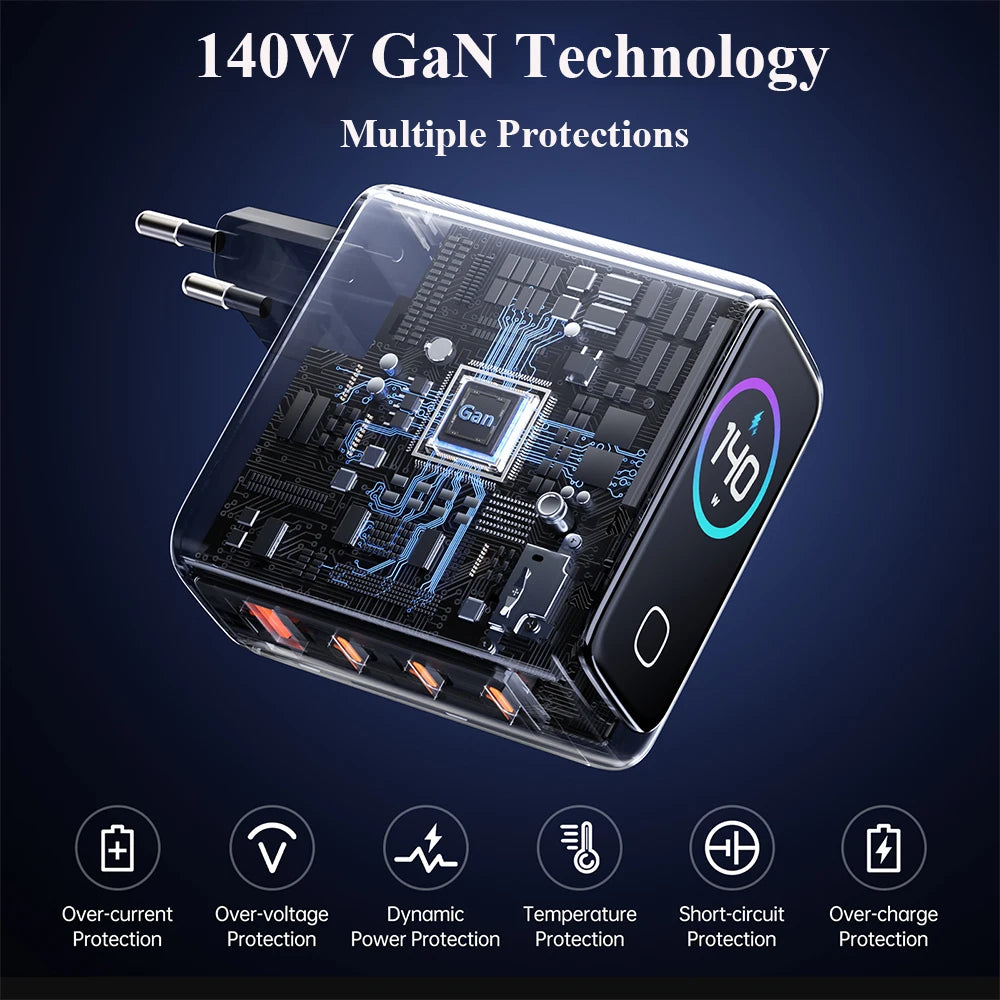 Hichain PD3.1 140W GaN USB C Charger 4-Port Charging Adapter For Travel Laptop Phones Tablets EU Plug AC100-240V Wall Charger
