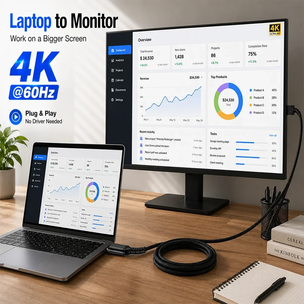 USB C to HDMI Cable 4K 60Hz, Type C to Monitor TV Projector Cable for Laptop, Tablet, Phone, Plug and Play