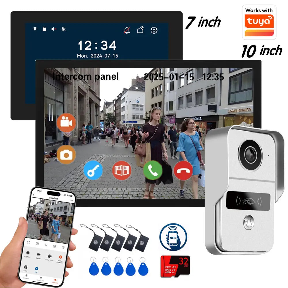 1080P Tuya Smart Doorbell Camera Home Video Intercom 5G Wifi 2 Wires 7/10 Inch Wireless Video Doorphone System 5-in-1 NFC Unlock