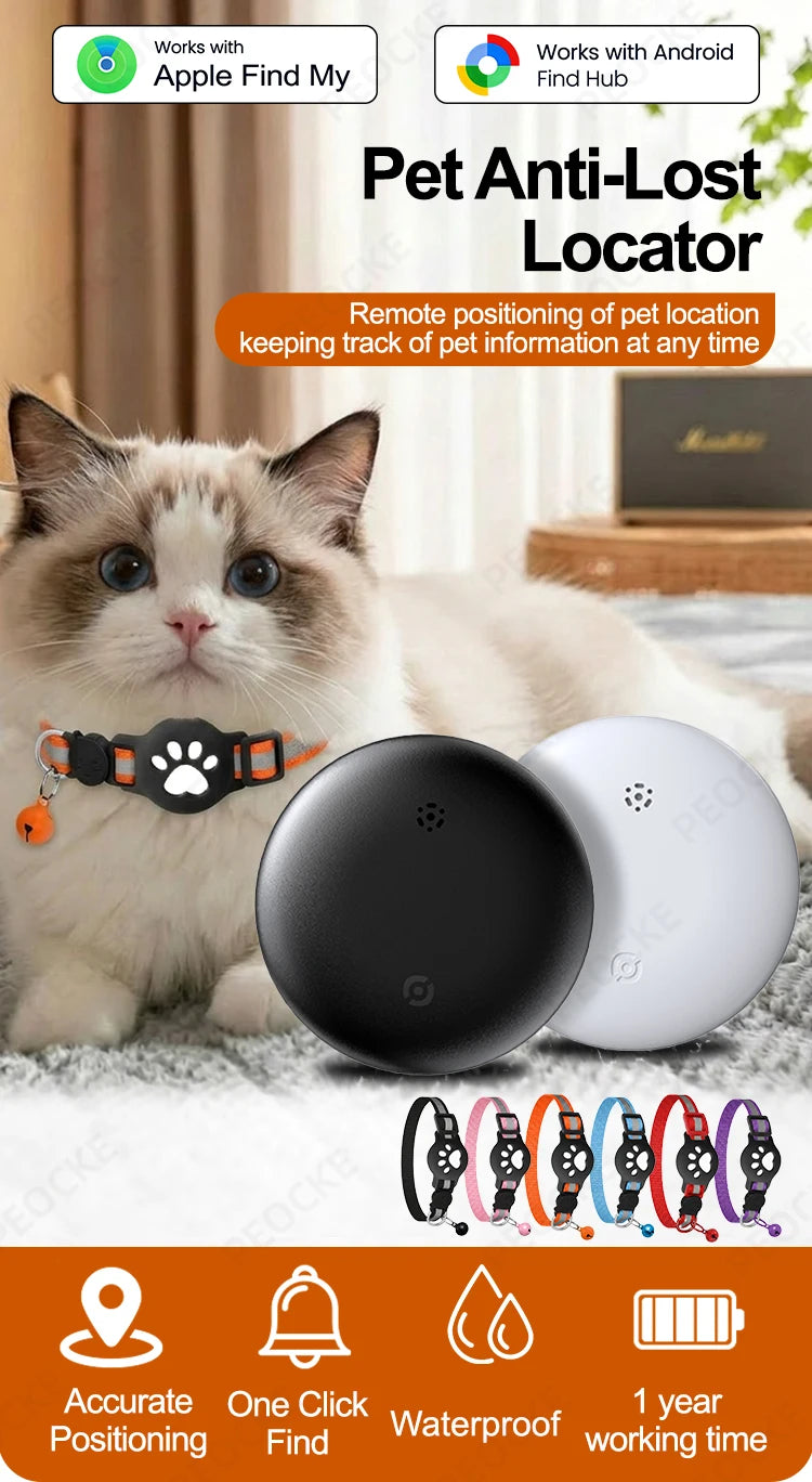 Dual System Pet Smart Tracker Tag With Cat Collar Android/iOS Anti-Lost GPS Tracker Works With Apple Find My /Google Find Hub