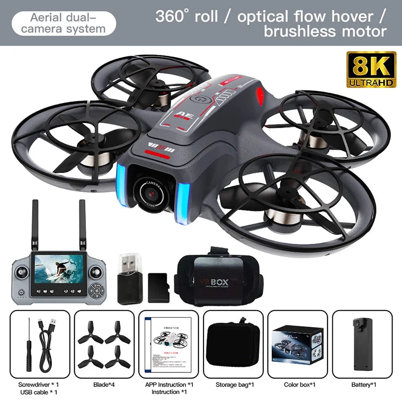 Mini Drone 8K HD-VR Dual-camera 180 ° ESC Optical Flow Obstacle Avoidance Motor Drone UAV Remote Control Quadcopter Universa Toy
