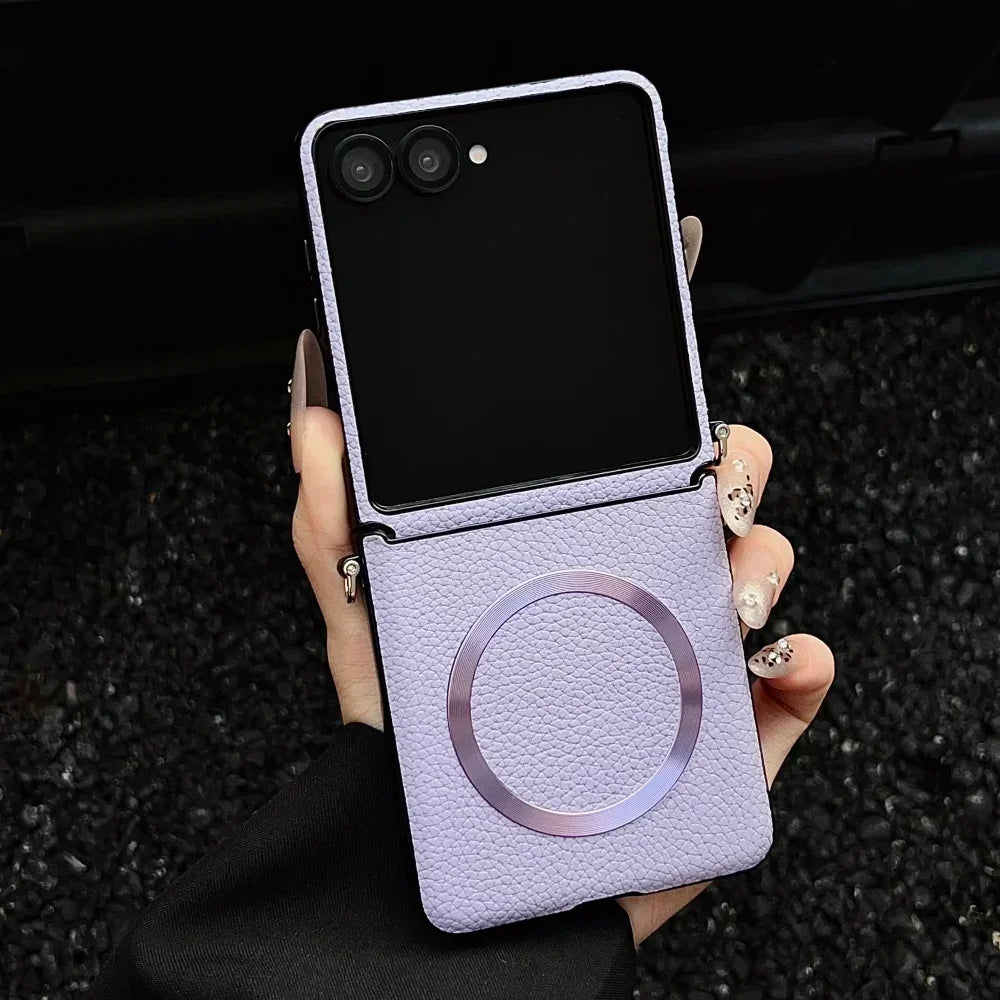 Original Lychee Pattern Leather for Magsafe Wireless Charging Case for Samsung Galaxy Z Flip 8 7 6 5 Strap Anti-drop Slim Cover