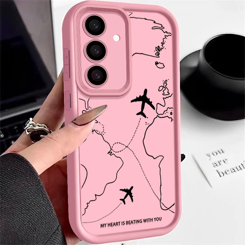 Airplane Route Silicone Case For Samsung Galaxy S25 FE Edge S26 S24 S23 Ultra S22 Plus A57 A37 A17 A14 A15 A55 A56 A36 A26 Cover