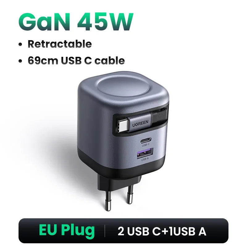 UGREEN 100W GaN Charger With Retractable USB C Cable UFCS PPS PD Fast Charger For Laptop Macbook Pro iPad Tablet iPhone Samsung