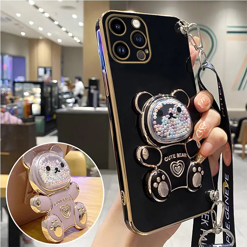 Quicksand Bear Holder Lanyard Phone Case For iPhone 14 11 12 13 Pro Max Mini 8 7 6 6S Plus 10 X Xr Xs Max SE Strap Stand Cover