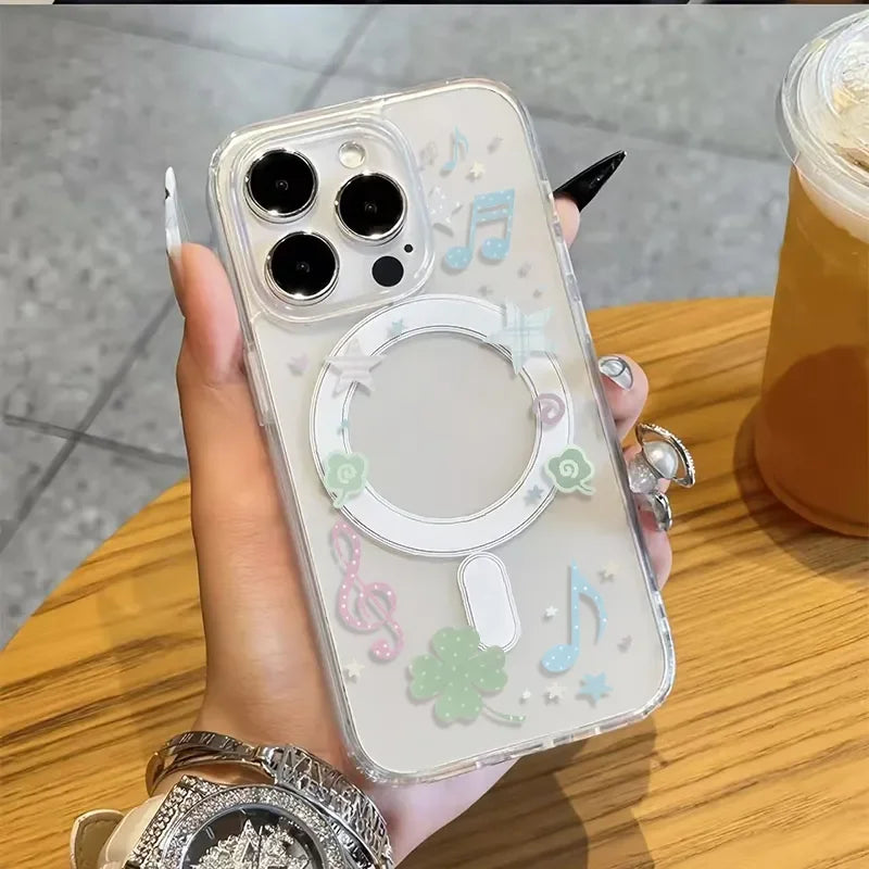 Music Notation Clover Stars For Magnetic Magsafe Phone Case For iPhone 16 15 14 13 12 11 Pro MAX 16e Plus 12 MINI Y2K Soft Cover