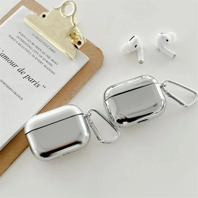 New For Apple Airpods Pro 3 1 2 3 4 Pro Pro2 Earphone Cover Protective Case Electroplated Mirror Simple Silver Case With hook