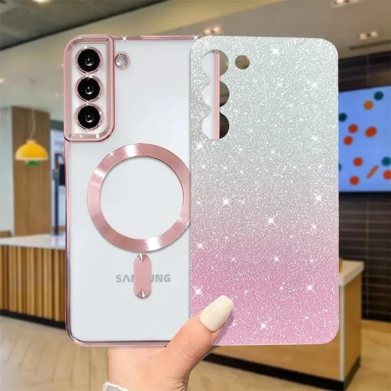 Glitter Magnetic Case For Samsung Galaxy S26 S24 Ultra S23 S22 S21 Plus S20 FE A56 A55 A36 Plating Wireless MagSafe Bright Cover
