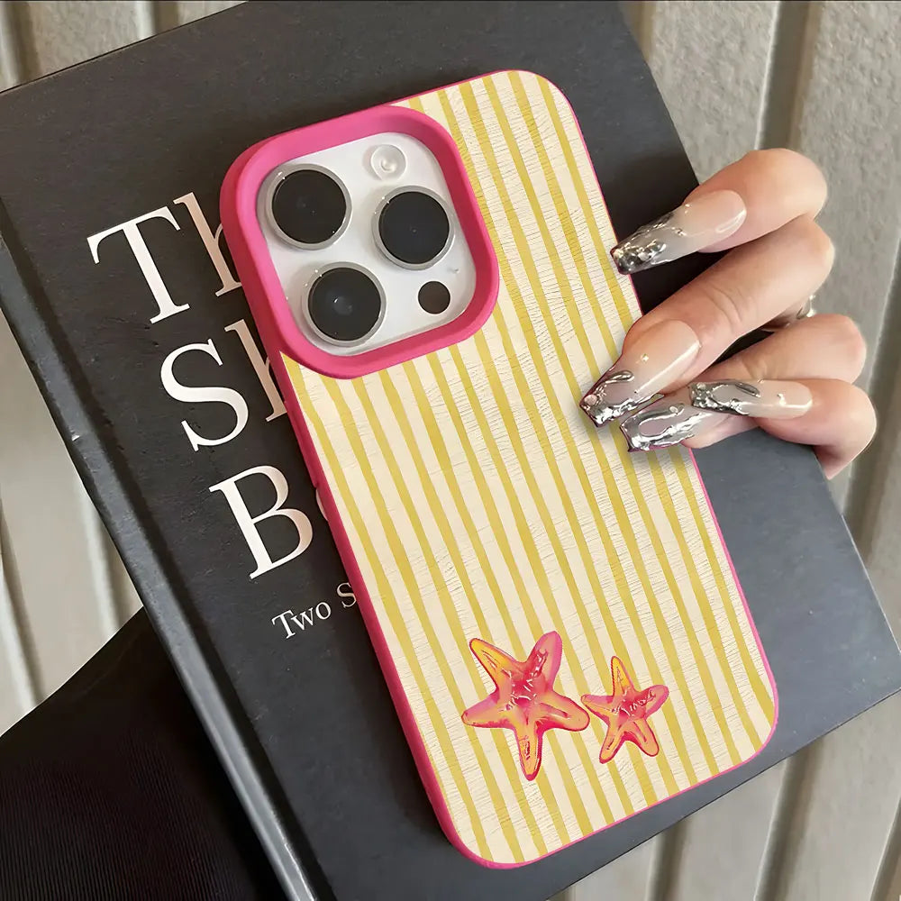 Cute Starfish Stripe Pattern Lychee Soft Phone Case For iPhone 11 12 13 14 15 Pro 16 17 Pro Max 15 14 Plus 17 Air X Xs XR Cover