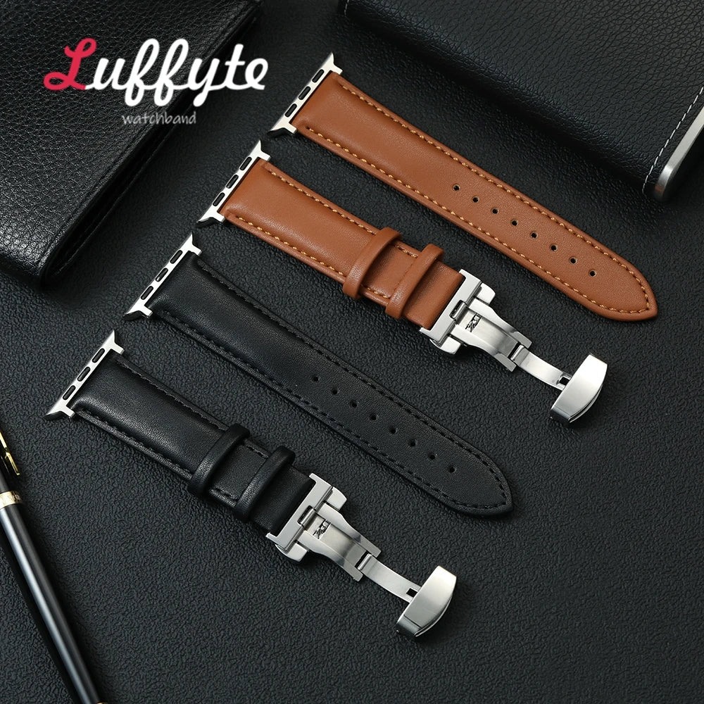 Casual PU Leather Watchbands For Apple Watch 1-10 Ultra SE 2 Butterfly Clasp Wrist Strap For iwatch 49/46/45/44/42/41/40/38mm