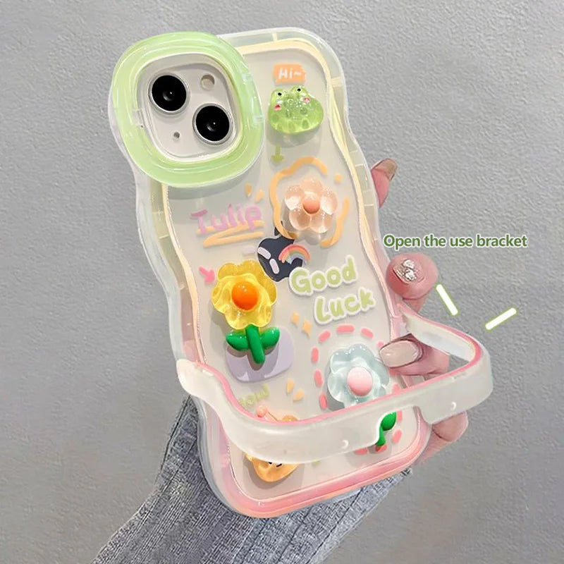 Flower Bracelet Chain Phone Holder Case For iPhone 16 17 15 14 13 12 11 Pro Max XS Max XR 3D Frog Rabbit Bracket Stand Cover