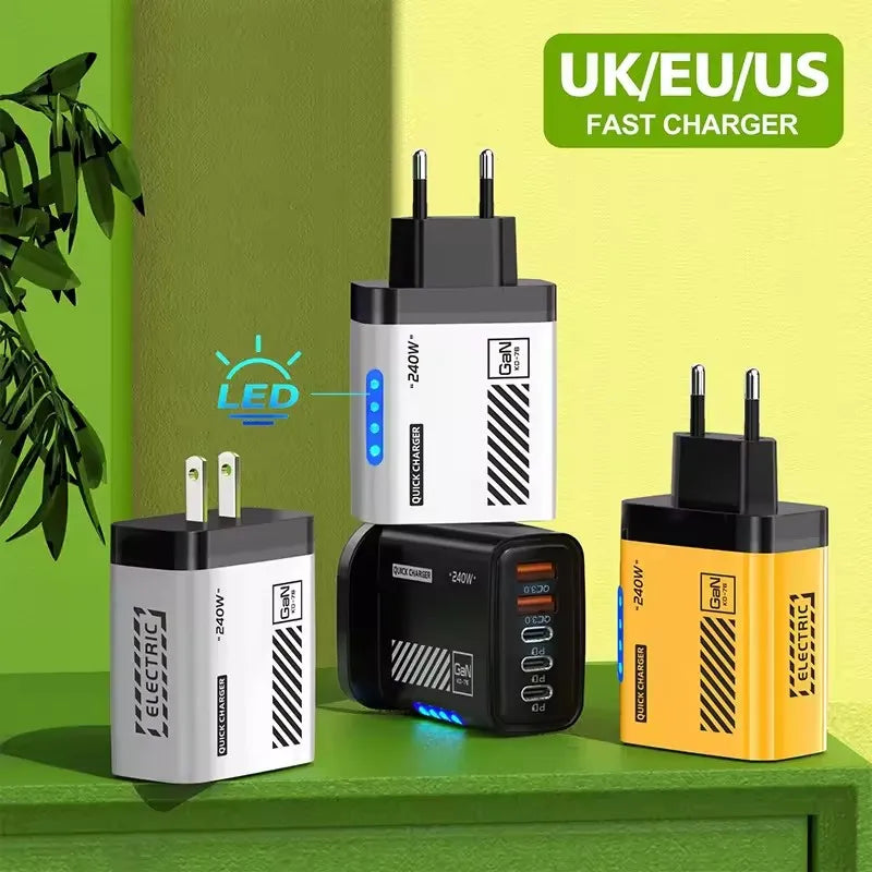 240W QC3.0 PD 5 Ports GaN Fast Charger US/EU Plug Phone Charging Head Adapter with LED Light for iPhone Samsung Huawei Xiaomi