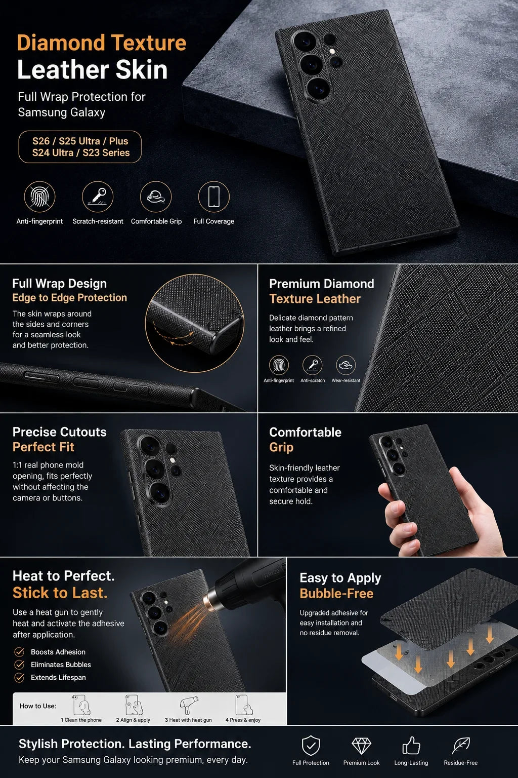 Full Coverage Faux Leather Back Skin for Samsung Galaxy S26 S25 Ultra Plus S24 S23 Full Wrap Anti Scratch Rear Film Sticker